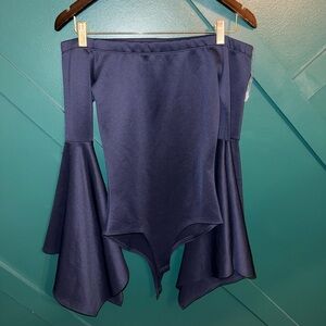 Navy Off-Shoulder Bodysuit with Flared Sleeves